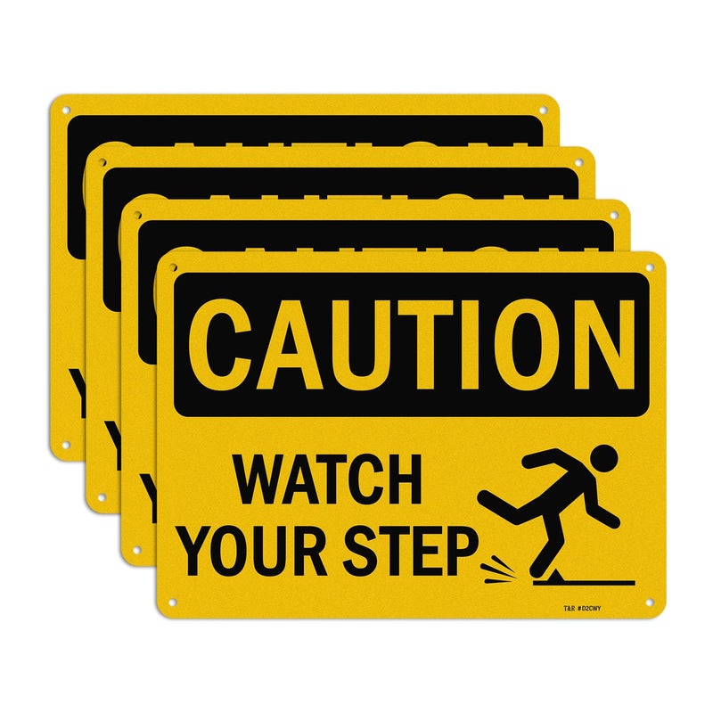 TR Caution Watch Your Step Signs - 4 Pack - 10 x 7 Inches Rust Free .040 Aluminum -Reflective, UV Protected, Waterproof, Weatherproof and Fade Resistant - 4 Pre-drilled Holes - Image 1